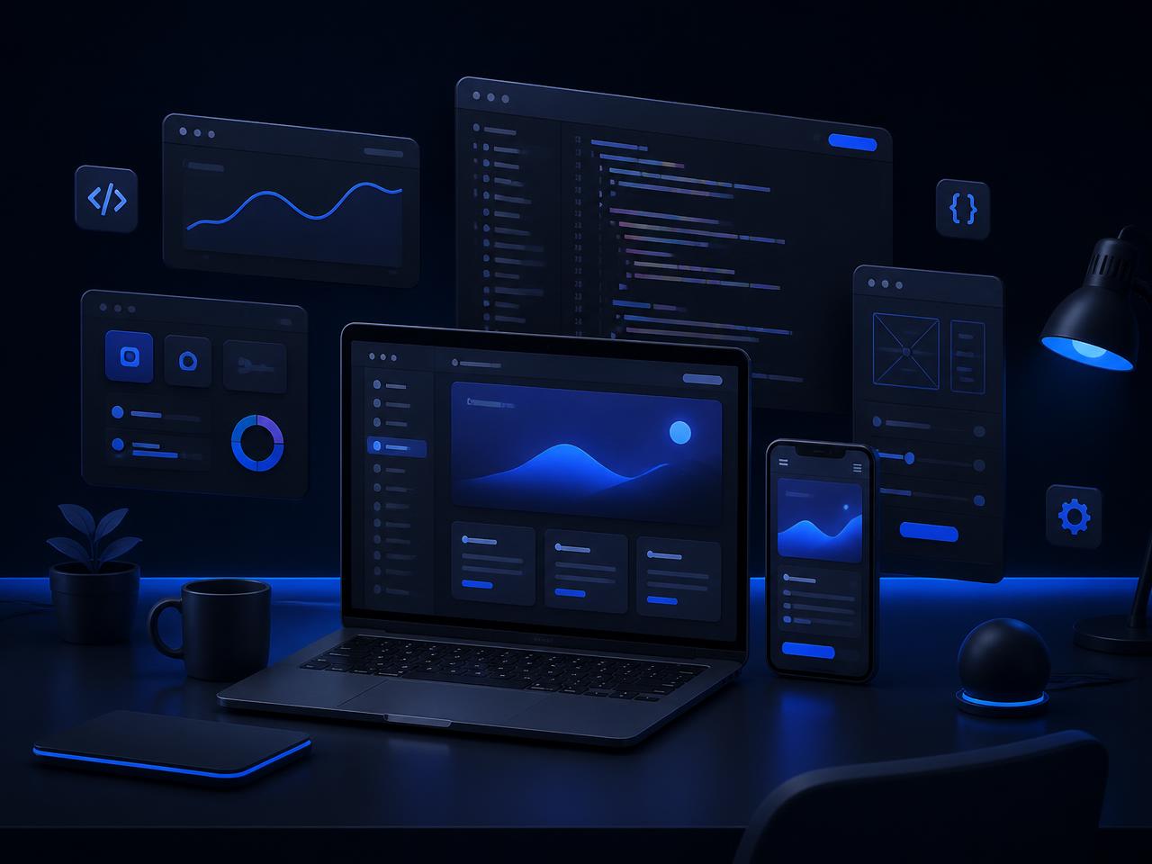 Ambiente de desenvolvimento web com painéis de interface e dispositivos